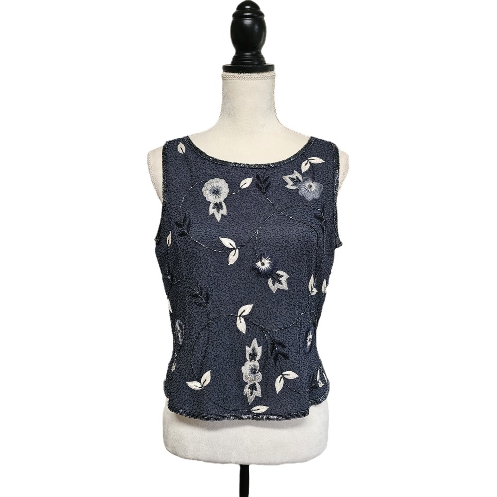 Adrianna Papell Navy Silk‎ Beaded Embroidered Sleeveless Top Sz 8 Evening Glam